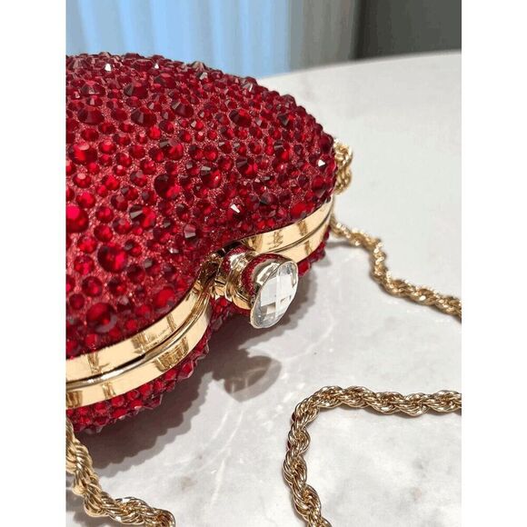 ❤️💎 Jeweled Sparkling Rhinestone Red Heart Shaped Chain Clutch Purse Bag NEW - Picture 13 of 16